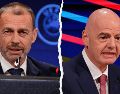 ALEKSANDER ČEFERIN Y GIANNI INFANTINO. Con la retirada del proyecto y las nuevas garantías recibidas, la UEFA levantará ahora su boicot a las competiciones FIFA. ESPECIAL / EFE