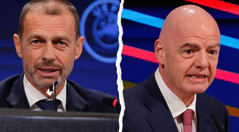 ALEKSANDER ČEFERIN Y GIANNI INFANTINO. Con la retirada del proyecto y las nuevas garantías recibidas, la UEFA levantará ahora su boicot a las competiciones FIFA. ESPECIAL / EFE