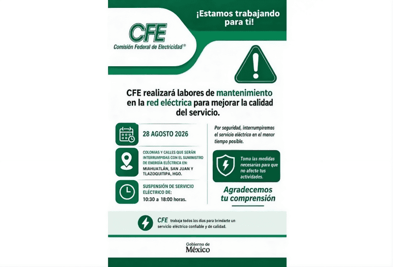 La interrupción temporal en el servicio de electricidad está programada para iniciar a las 10:30 del viernes 28 de agosto. ESPECIAL&nbsp;