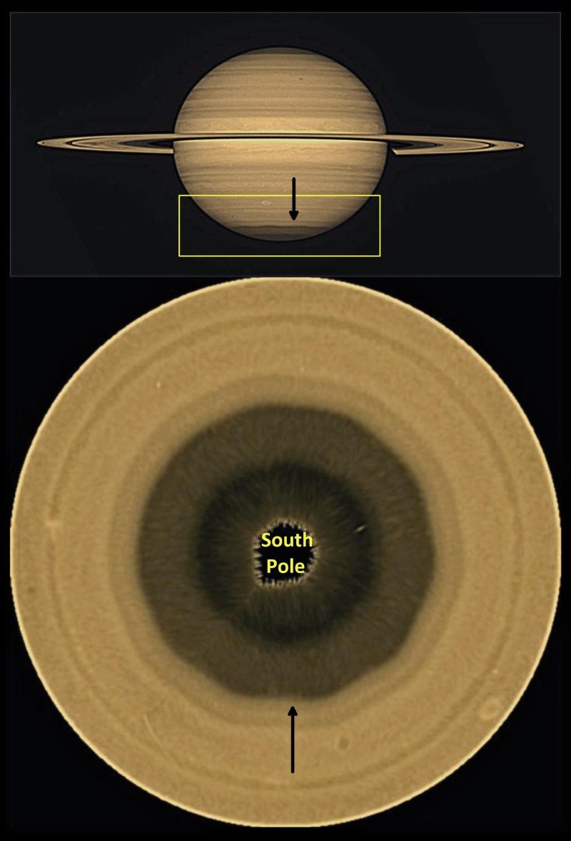 La imagen superior muestra Saturno tal y como lo captó el telescopio espacial Hubble. El recuadro amarillo indica la región que se muestra en el mapa polar (imagen inferior), donde la flecha negra señala la posición del decágono. Crédito: NASA, ESA, A. Sánchez-Lavega