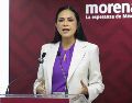 Ariadna Montiel, líder nacional de Morena, durante una conferencia de prensa en la Ciudad de México. SUN/C. Mejía