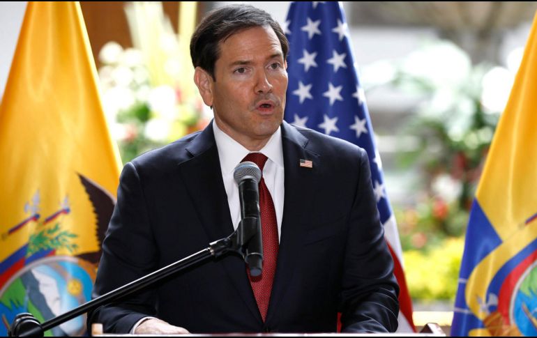 El secretario de Estado de Estados Unidos, Marco Rubio, habla durante una rueda de prensa este miércoles, en Quito, Ecuador.EFE/ J. Jácome