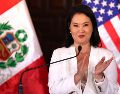 La presidenta de Perú, Keiko Fujimori, reacciona durante una rueda de prensa junto al secretario de Estado de Estados Unidos, Marco Rubio, este jueves en Lima, Perú. EFE/ P. Aguilar