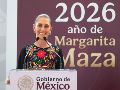 La presidenta destacó en Pachuca el bienestar y la alegría en el país, en un evento que fue marcado por el "portazo" de normalistas que exigen atención. X/@Claudiashein.