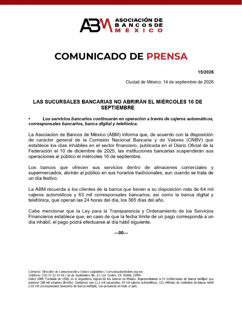&nbsp;Suspensión de actividades bancarias por día festivo. ESPECIAL