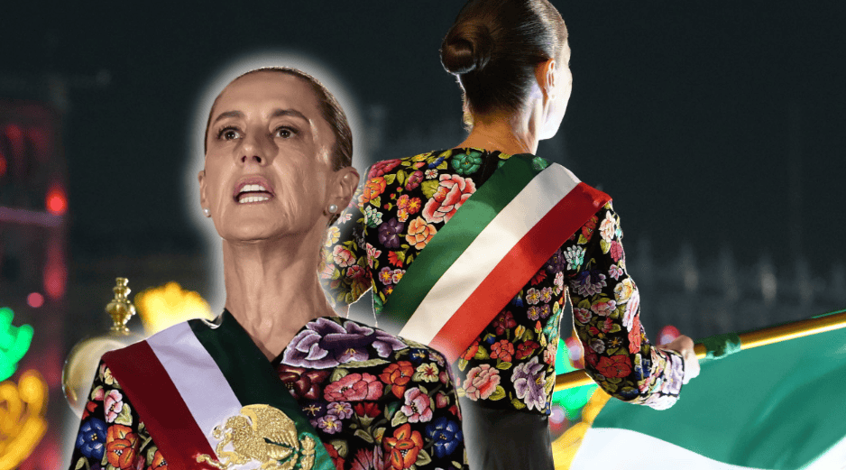 Claudia Sheinbaum lució un vestido con bordado artesanal de Juchitán, Oaxaca, elaborado por artesanas muxe, durante el Grito de Independencia 2026. EFE/J. Méndez ESPECIAL/Presidencia de México
