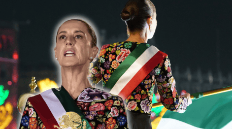 Claudia Sheinbaum lució un vestido con bordado artesanal de Juchitán, Oaxaca, elaborado por artesanas muxe, durante el Grito de Independencia 2026. EFE/J. Méndez ESPECIAL/Presidencia de México
