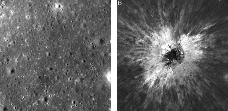 Esta combinación de fotos tomadas por el Orbitador de Reconocimiento Lunar de la NASA muestra la misma zona de la superficie lunar antes y despues de la formación de un cráter recien descubierto en mayo de 2024. AP/NASA/Centro de Vuelos Espaciales Goddard/Intuitive Machines 