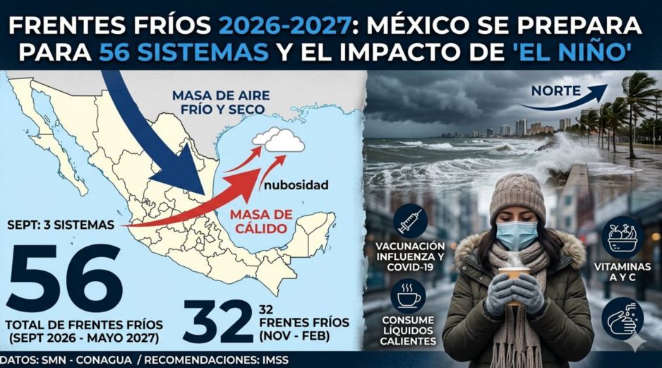 México prevé 56 sistemas frontales entre septiembre y mayo, una cifra superior al promedio. El IMSS exhorta a la población a abrigarse en capas y vacunarse ante el descenso de temperaturas. IA/GEMINI.