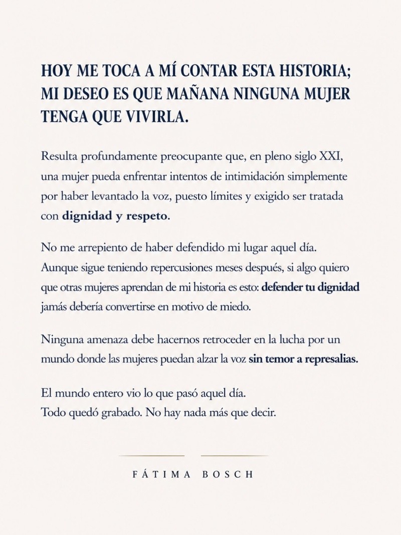 Fátima Bosch compartió un comunicado sobre la situación. INSTAGRAM / @fatimaboschfdz