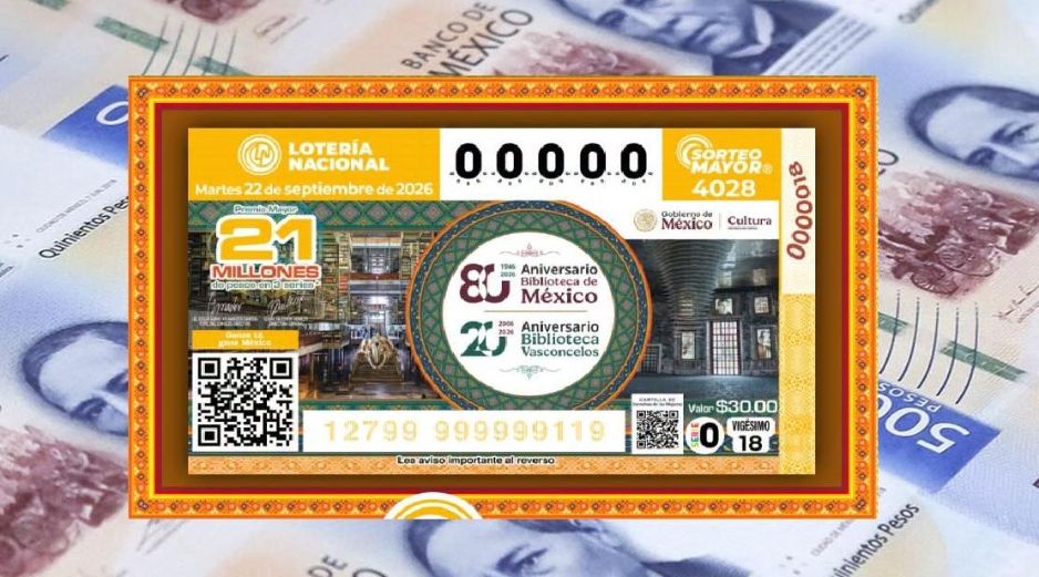 El billete del Sorteo Mayor 4028 conmemoró el 80 aniversario de la Biblioteca de México y el aniversario 20 de la Biblioteca Vasconcelos. X/lotenal