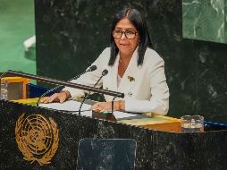 La presidenta encargada de Venezuela, Delcy Rodríguez, habla durante la 81ª Asamblea General de Naciones Unidas este miércoles, en Nueva York. EFE/A. Colmenares