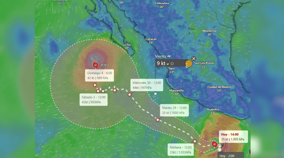 Se prevén lluvias moderadas a puntualmente fuertes entre los días martes y jueves, especialmente en las regiones Costa Sur, Costa-Sierra Occidental, Sierra de Amula y Sur. windy.com