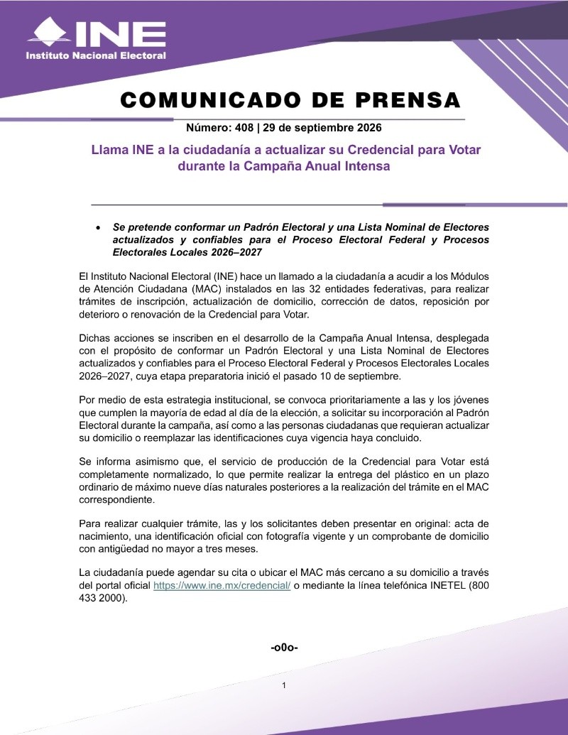El organismo público explicó que el servicio de producción de la credencial para votar está completamente normalizado. ESPECIAL/INE&nbsp;