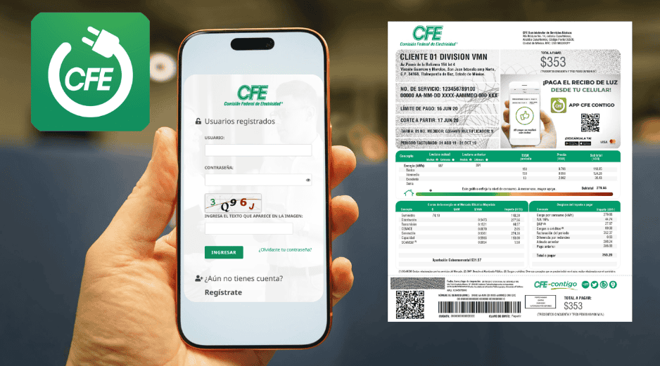 Conoce el proceso para registrarse en la plataforma de la CFE, y lo que permite pagar el recibo de luz en línea y reportar fallas sin salir de casa. CANVA / CFE / ESPECIAL