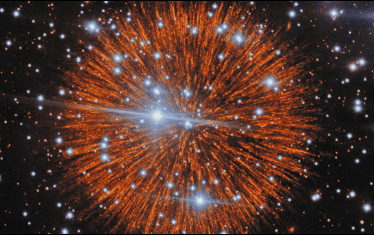 La imagen muestra que las eyecciones, con su inconfundible forma de fuegos artificiales, adoptan una estructura en cascada similar a un nudo. Imagen: Observatorio Internacional Gemini/NOIRLab/NSF/AURA