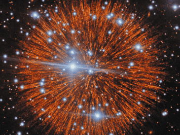 La imagen muestra que las eyecciones, con su inconfundible forma de fuegos artificiales, adoptan una estructura en cascada similar a un nudo. Imagen: Observatorio Internacional Gemini/NOIRLab/NSF/AURA