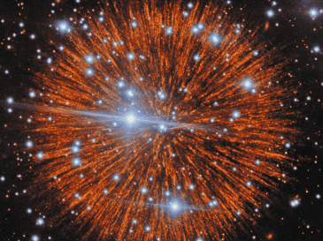 La imagen muestra que las eyecciones, con su inconfundible forma de fuegos artificiales, adoptan una estructura en cascada similar a un nudo. Imagen: Observatorio Internacional Gemini/NOIRLab/NSF/AURA