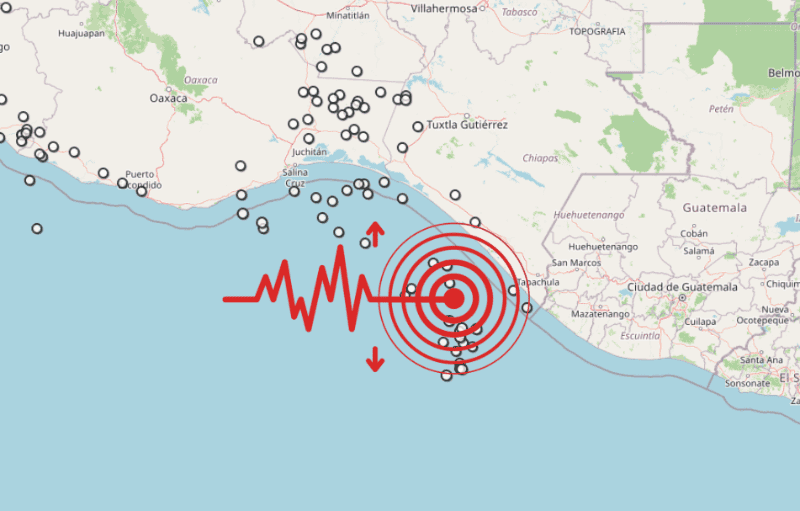 &nbsp;El sismo más fuerte en Chiapas en lo que va de la jornada se registró a 102 km al suroeste de Mapastepec; tuvo una magnitud de 5. ESPECIAL / SSN