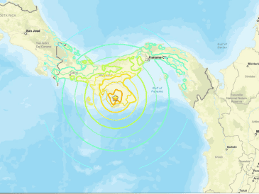 Imagen difundida por el Servicio Geológico de Estados Unidos (USGS) del epicentro de un terremoto de 7.7 de magnitud que sacudió este viernes el sureste de Panamá, con una profundidad de 10 kilómetros, según informó el USGS. EFE/ USGS