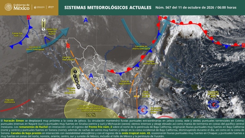 Sistemas meteorológicos que afectan el clima del país.&nbsp;ESPECIAL / SMN