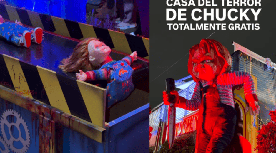 Uno de los elementos centrales que más llama la atención es un portón de gran tamaño con el rostro del muñeco. Este se encuentra acompañado de una intensa iluminación roja que refuerza la atmósfera de suspenso y terror durante las noches. INSTAGRAM/@go_rendon