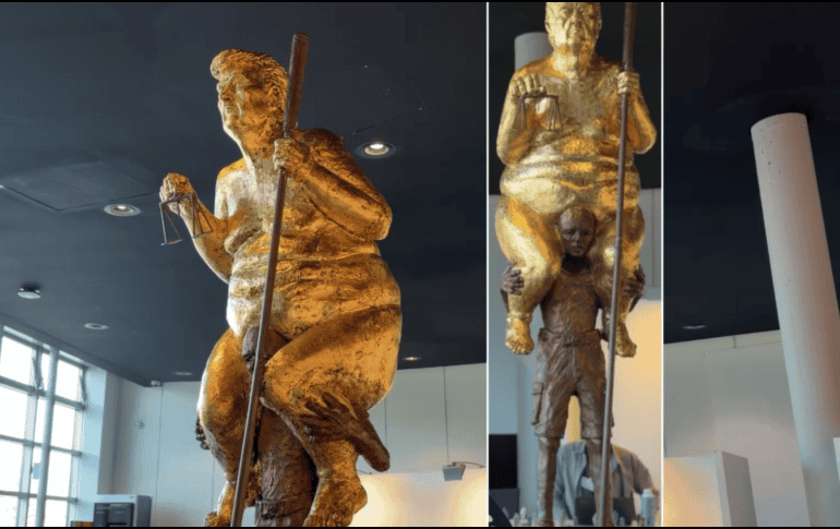 La frase inscrita en el pedestal de la escultura no es una invención ni una cita literal de Trump. es una famosa reflexión del escritor y pensador ruso León Tolstói. EFE / L. CERDEIRA.