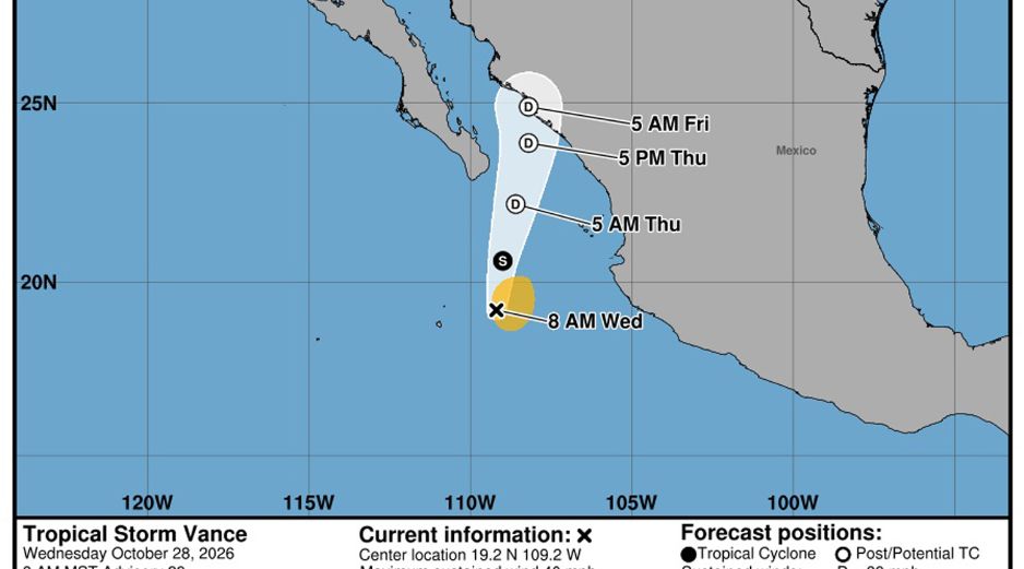 El Servicio Meteorológico Nacional advierte que la tormenta tropical “Vance” provocará lluvias en 25 estados este 28 de octubre. EFE/NOAA-NHC