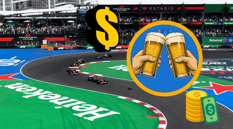 Un repaso por los precios oficiales de la cerveza, refrescos y comida en el Autódromo Hermanos Rodríguez durante el Gran Premio de México 2026, incluyendo el uso de la tarjeta Digicash. MéxicoGP CANVA