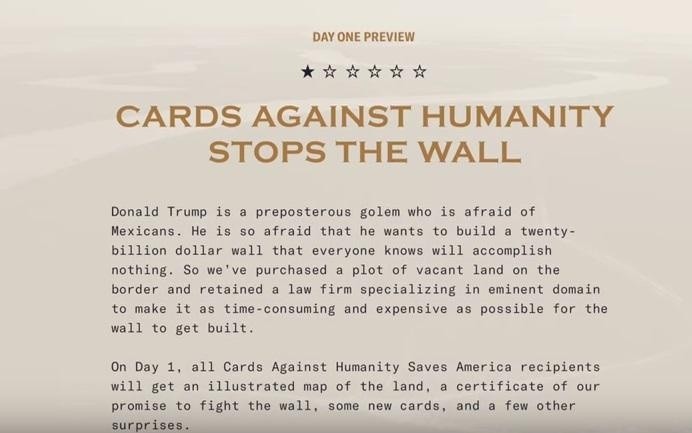 La compañía de escritores asegura que salvarán al país, aunque pide la ayuda del público para lograrlo. YOUTUBE / Cards Against Humanity