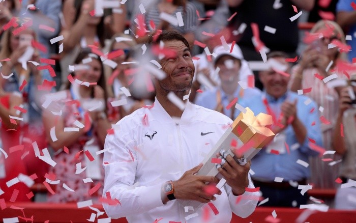 Spain's Rafael Nadal holds the trophy after beating Russia's Daniil Medvedev in the final of the Rogers Cup tennis tournament in Montreal, Sunday, Aug. 11, 2019. (Paul Chiasson/The Canadian Press via AP) Montreal Tennis-MANDATORY CREDIT
