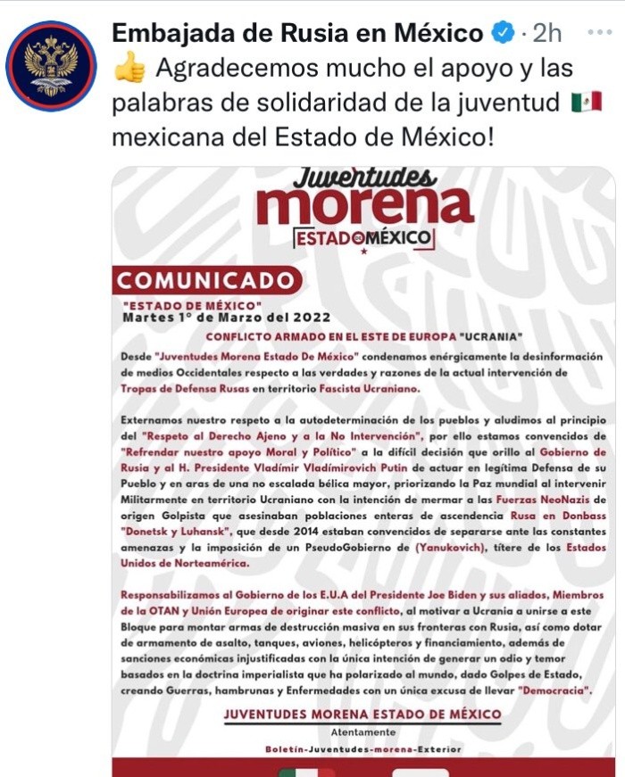 AMLO: Embajada de Rusia en México agradece respaldo de jóvenes de Morena y  se desata la polémica | El Informador