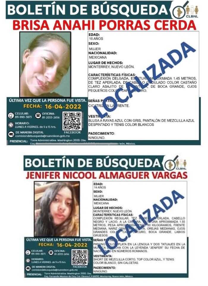 Brisa Anahí Porras, de 16 años, y Jenifer Nicool Almaguer, de 14 años, desaparecieron el 16 de abril en Monterrey.