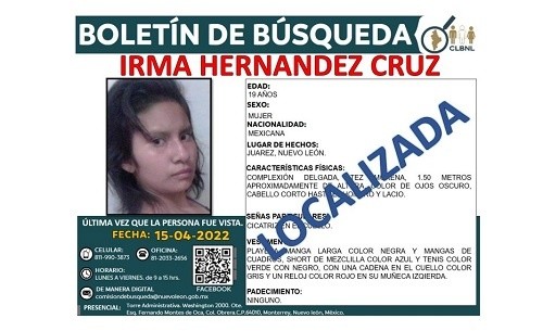 Irma Hernández Cruz, de 19 años, fue reportada como desaparecida desde el día 15 de abril.