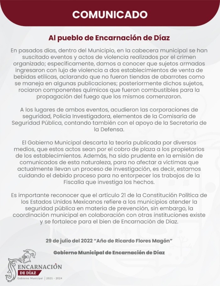 Encarnación de Díaz: Ayuntamiento admite que crimen organizado incendió dos negocios Encarnación de Díaz: Ayuntamiento admite que crimen organizado incendió dos negocios