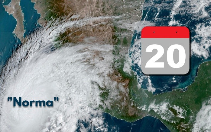 Esta imagen satelital proporcionada por la Oficina Nacional de Administración Oceánica y Atmosferica de Estados Unidos (NOAA por sus siglas en ingles) el jueves 19 de octubre de 2023 muestra al huracán Norma acercándose al extremo sur de la península de Baja California. (NOAA vía AP)