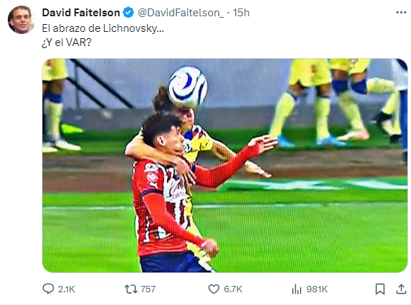  David Faitelson compartió la polémica falta que el árbitro no marcó sobre un de los jugadores de Chivas. X -TWITTER-/ davidfaitelson_