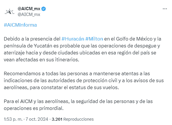 El Aeropuerto Internacional de la Ciudad de México informó a la ciudadanía de posibles retrasos en los vuelos a causa del paso del Huracán Milton. X -TWITTER-/ AICM_MX 