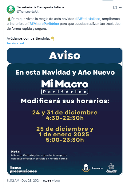 La Secretaría de Transporte de Jalisco publicó los horarios en los que estarán operando algunos servicios como Mi Macro y el Tren Ligero. X -TWITTER-/ transportejal 