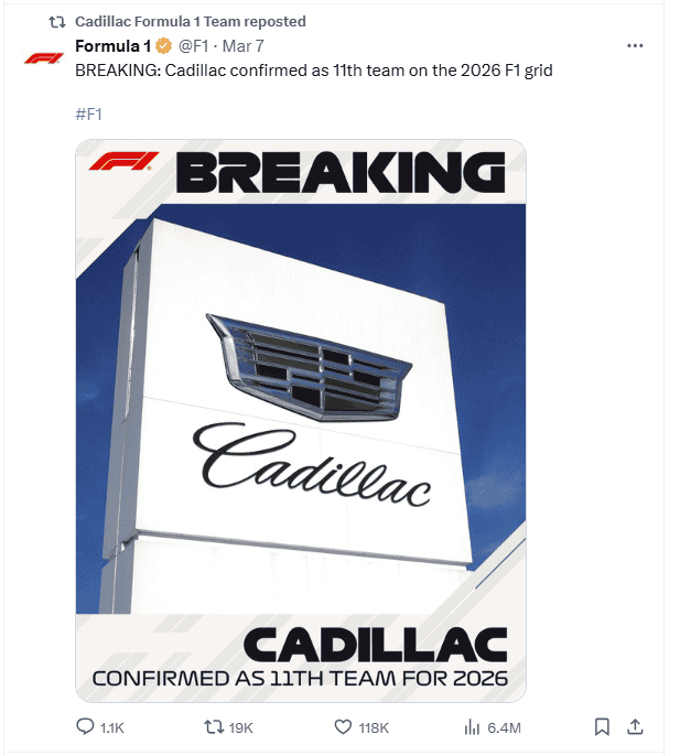 Cadillac presenta oficialmente su equipo para competir en Fórmula 1. X / @F1