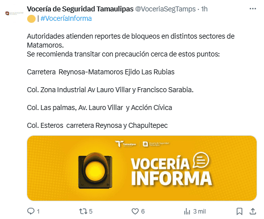 Por medio de sus redes sociales, la Vocería de Seguridad de Tamaulipas alertó a la ciudadanía de tener precaución ante los hechos violentos. X/ @VoceriaSegTamps