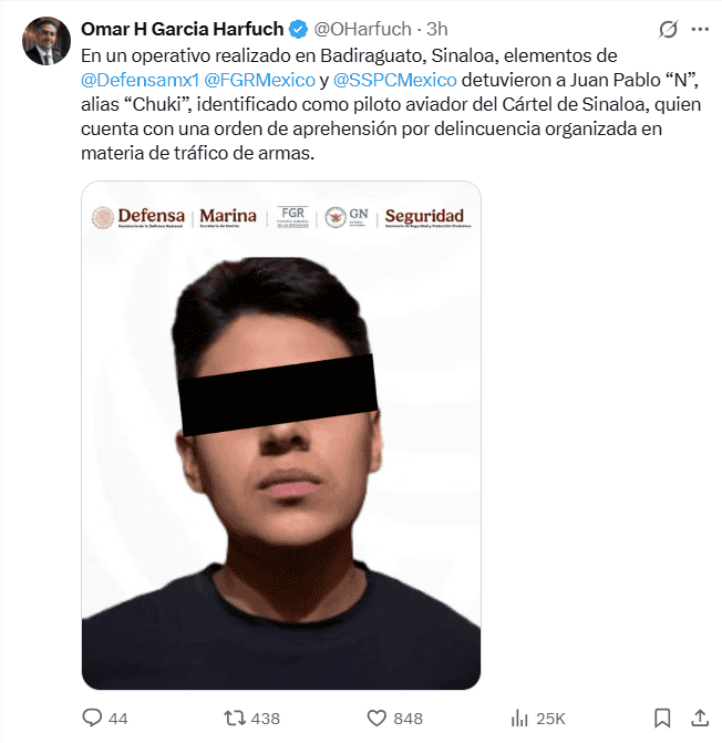 Fotografía del detenido compartida por la cuenta oficial de Omar García Harfuch.  X / @OHarfuch