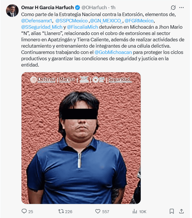 Omar García Harfuch publicó la detención desde sus redes sociales. X / @OHarfuch 