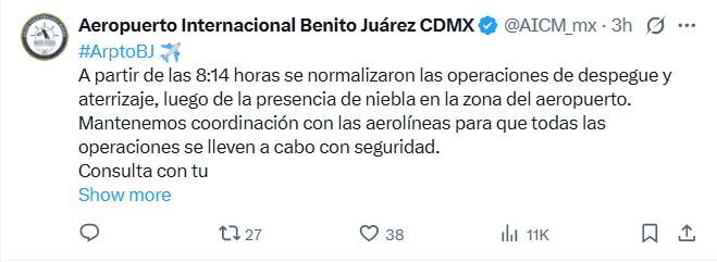  Publicación del AICM con respecto a los bancos de niebla. X / @AICM_ mx
