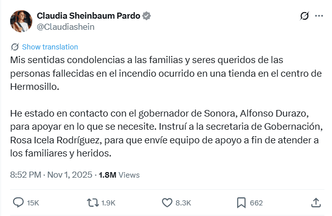  Publicación donde la Presidenta hace llegar sus condolencias a las familias afectadas. X / @Claudiashein