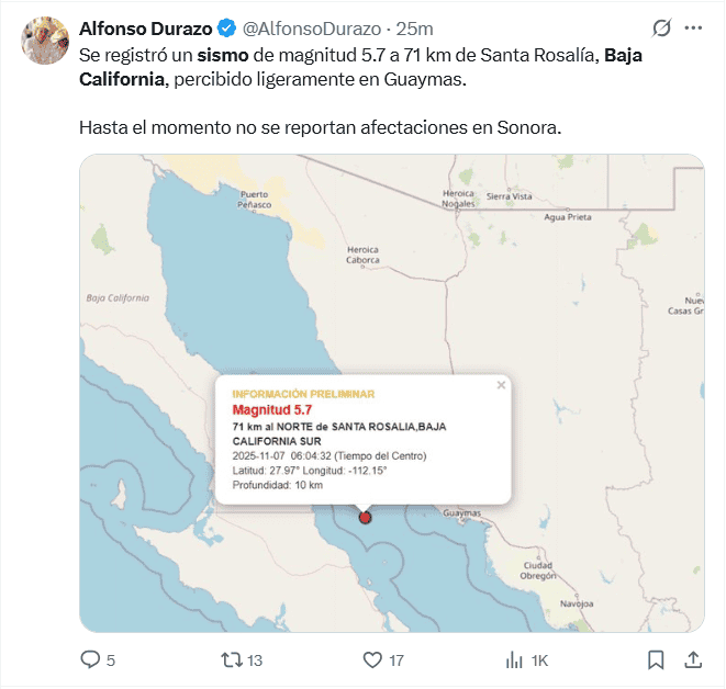 &nbsp;El SSN declaró de manera oficial que el primer sismo que sacudió Baja California Sur esta madrugada fue de magnitud 5.5. X / @AlfonsoDurazo