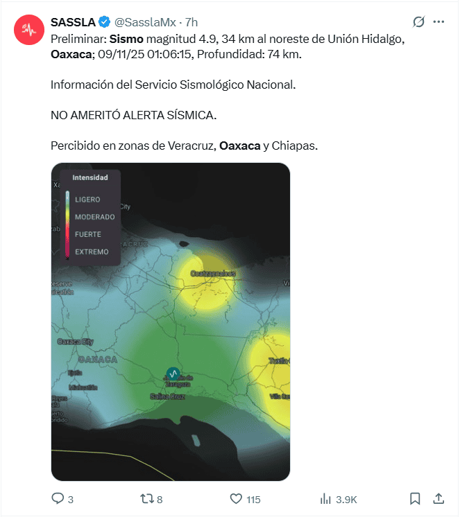 La Plataforma Digital de Alertamiento y Gestión Integral de Riesgos de México dio a conocer que no se activó la alerta sísmica tras este temblor. X / @SasslaMx&nbsp;