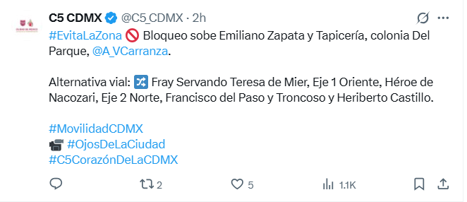 Vialidades afectadas este jueves en la Ciudad de México. X / @C5_CDMX