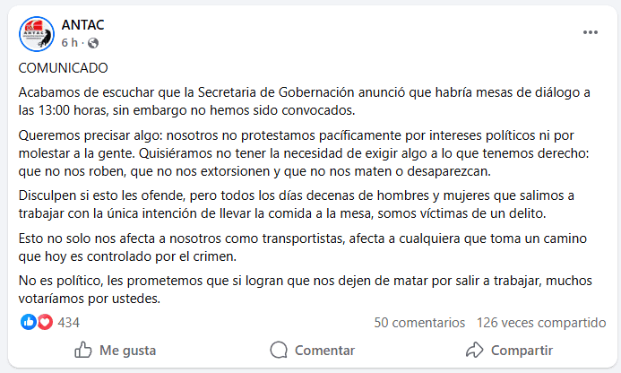 El conflicto vial de este lunes expone la tensión entre transportistas y autoridades, con acusaciones sobre mesas de diálogo no realizadas. Captura de pantalla/FACEBOOK/ANTAC