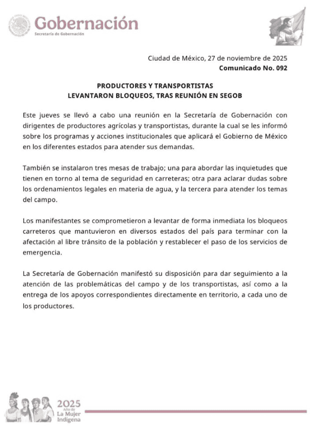 &nbsp;Comunicado de la Segob tras la reunión con manifestantes. X / @jalisco_sict